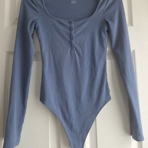 American Eagle Ribbed Long Sleeve Henley Bodysuit Blue XS